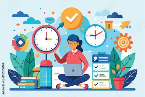 A person focuses on time management using a laptop while surrounded by clocks, tasks, and plants, Time management Customizable Disproportionate Illustration