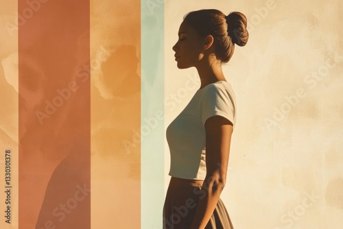 a woman in profile with her hair in a bun.