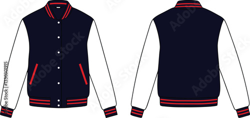 Bomber Jacket Flat Vector Illustration, Varsity Jacket Mockup Varsity Jacket Fashion Flat Template, black and white colour