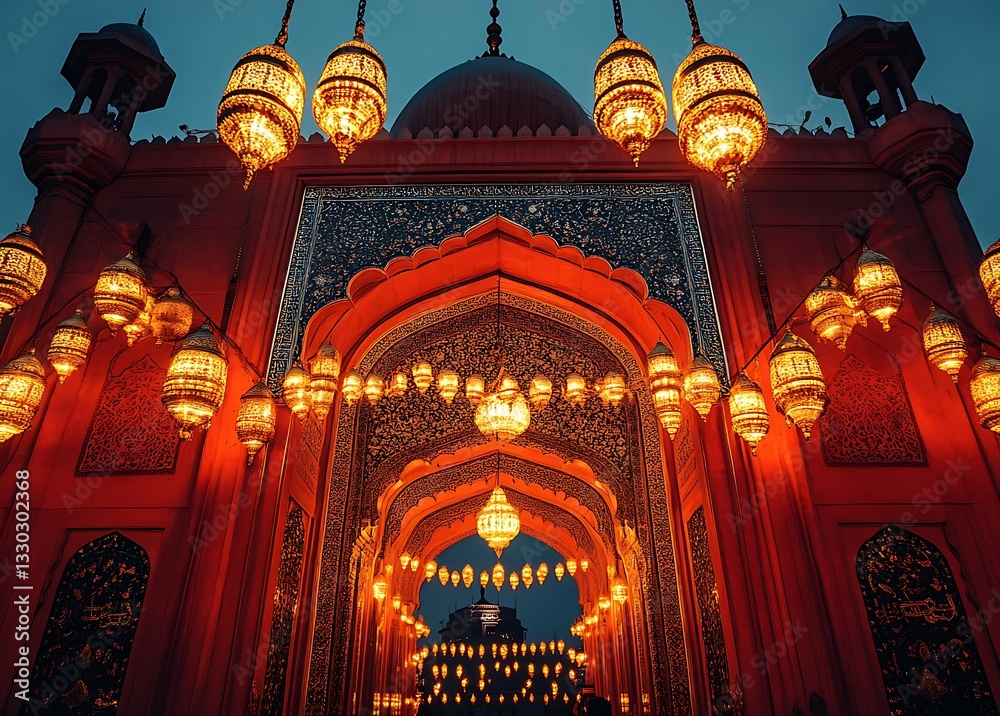 Obraz premium Ornate Archway with Intricate Details and Glowing Lanterns Under a Twilight Sky