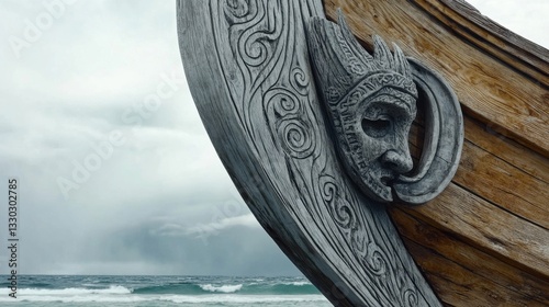Intricately carved Viking ship figurehead against dramatic ocean backdrop