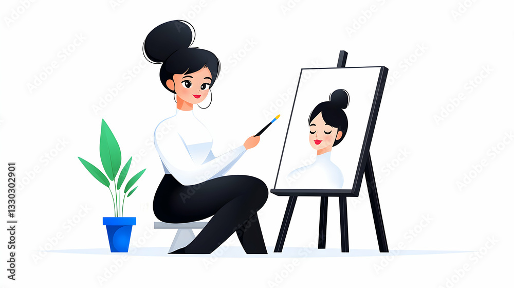 Young Woman Artist Painting Self Portrait at Easel Young Woman Artist Painting Self Portrait at Easel