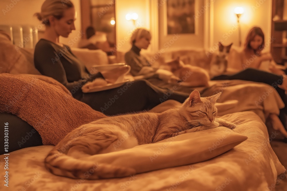 Cozy indoor cat cafe with people enjoying coffee and cats lounging Cozy indoor cat cafe with people enjoying coffee and cats lounging