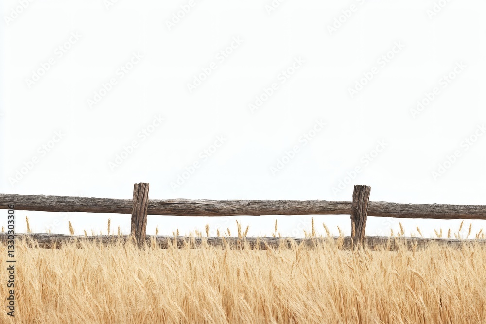 Rustic Wooden Fence Bordering Golden Wheat Field Under a Bright Sky Rustic Wooden Fence Bordering Golden Wheat Field Under a Bright Sky
