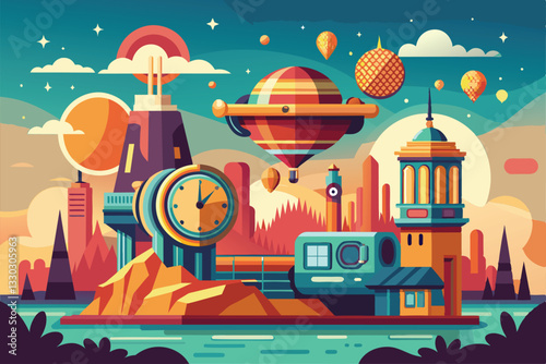 A colorful landscape features time travel themes with floating clocks, hot air balloons, and fantastical structures, Time travel Customizable Semi Flat Illustration