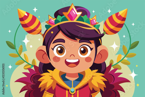 A joyful cartoon character dressed in colorful attire and adorned with customizable tinsel decorations, Tinsels Customizable Cartoon Illustration