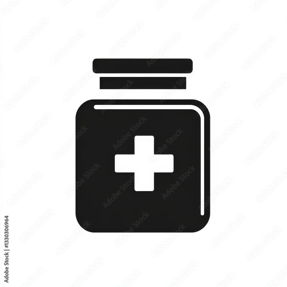 Black and White Medicine Bottle Icon Featuring a Cross, Suggesting Pharmaceutical or Health Care Purposes. Black and White Medicine Bottle Icon Featuring a Cross, Suggesting Pharmaceutical or Health Care Purposes.