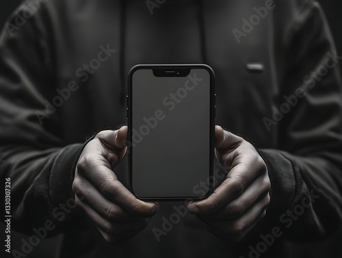 Dark Hooded Figure Presents Blank Phone Screen