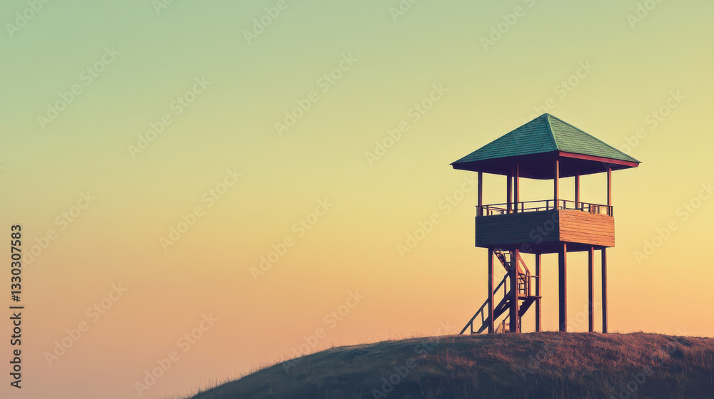 A serene wooden lookout tower with an open rooftop, standing alone on a gentle hill under the warm hues of twilight. The background is a seamless neutral gradient, drawing attention to the tower's c A serene wooden lookout tower with an open rooftop, standing alone on a gentle hill under the warm hues of twilight. The background is a seamless neutral gradient, drawing attention to the tower's c