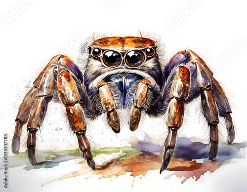 A watercolor-style spider with large, expressive eyes, rendered in warm brown tones against a light background with subtle splashes