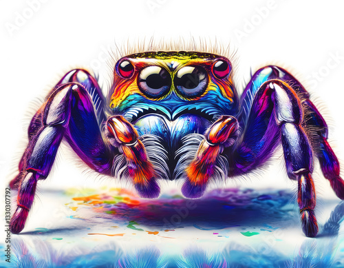 A vibrant spider with large, expressive eyes, rendered in bright, rainbow-like hues against a light background with subtle splashes