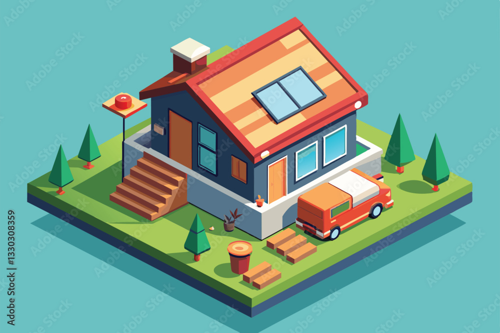 A cozy tiny house features customizable elements and is surrounded by trees and a pathway, Tiny house Customizable Isometric Illustration A cozy tiny house features customizable elements and is surrounded by trees and a pathway, Tiny house Customizable Isometric Illustration