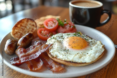 Tasty and filling english breakfast served with coffee on a wooden table