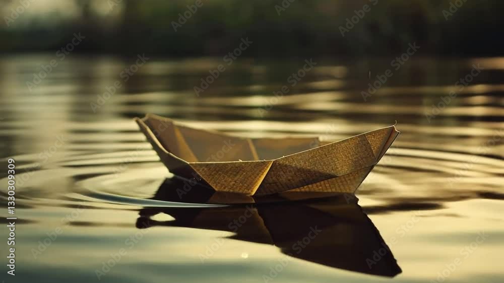 Papierboot schwimmt auf golden schimmerndem Wasser