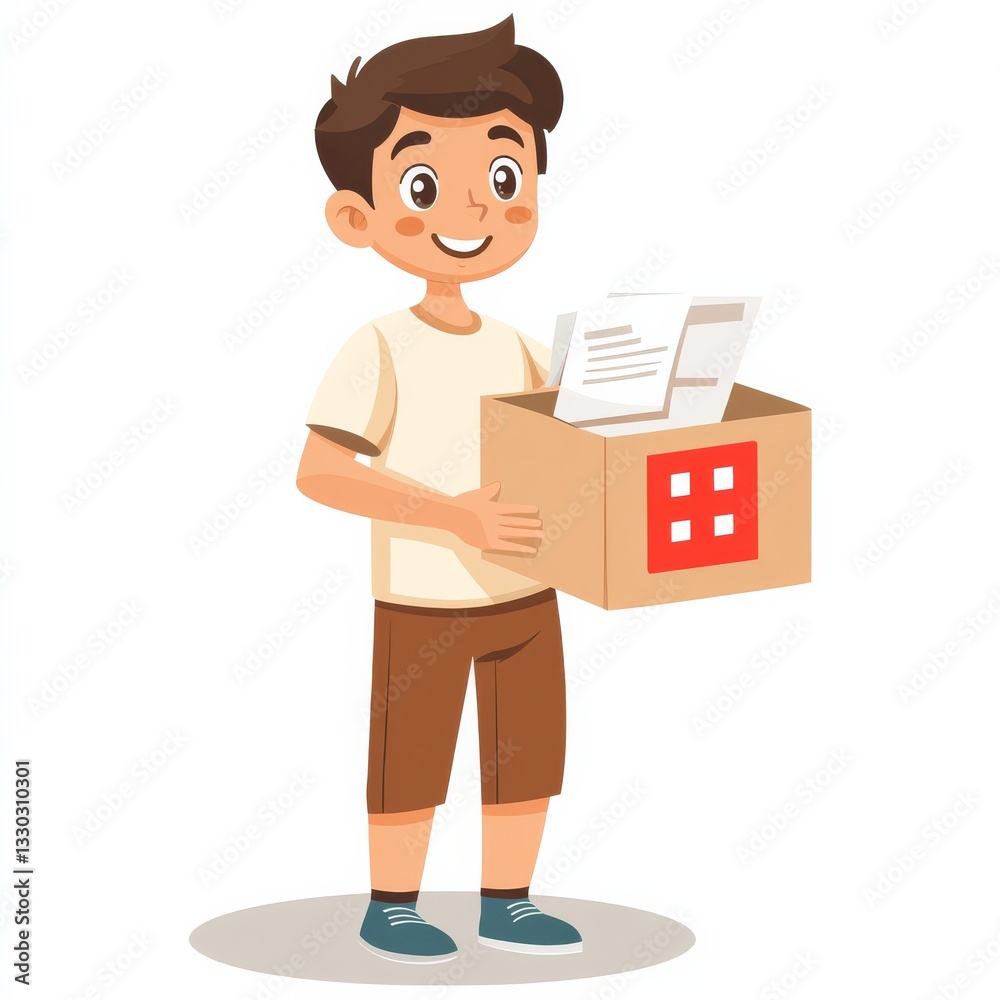 Smiling Boy Carries Cardboard Box with Documents, Ready for a New Chapter, Excitement, and Future. Smiling Boy Carries Cardboard Box with Documents, Ready for a New Chapter, Excitement, and Future.