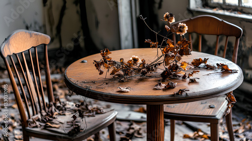  Dry autumn leaves scattered on a wooden table, creating a warm rustic atmosphere with seasonal charm photo