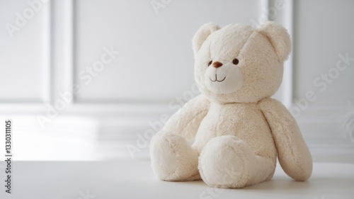A white bear sitting gracefully on a snow-white background. The room in the background is immaculately decorated in a minimalist style with room for copying.