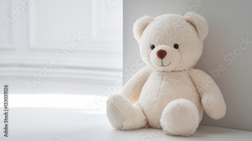 A white bear sitting gracefully on a snow-white background. The room in the background is immaculately decorated in a minimalist style with room for copying.