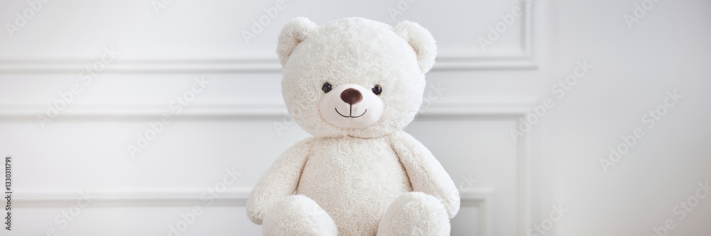 Obraz premium A white bear sitting gracefully on a snow-white background. The room in the background is immaculately decorated in a minimalist style. A banner with a place to copy it.