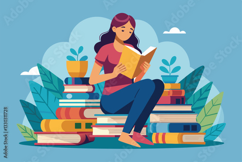 A tiny woman sits among vibrant piles of books, deeply engrossed in reading a book in a serene environment, Tiny woman reading a book between pile of books