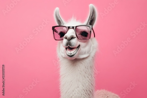 Portrait of beautiful llama with sunglasses on pink background