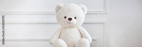 A white bear sitting gracefully on a snow-white background. The room in the background is immaculately decorated in a minimalist style. A banner with a place to copy it.