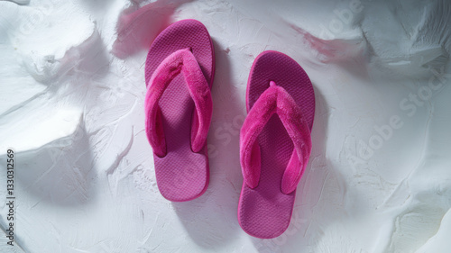 Pink flip-flops on a snow-white background. Flip-flops made of soft plush in a bright shade. An advertising photo with a place for the text.