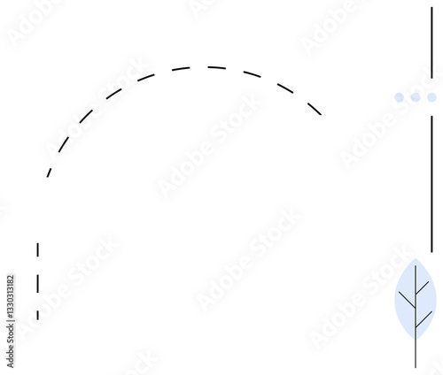 Abstract curved and straight dashed lines, small dotted detail, and simplistic blue leaf element. Ideal for branding, design, creativity, minimalism, nature balance modern simplicity. Flat simple