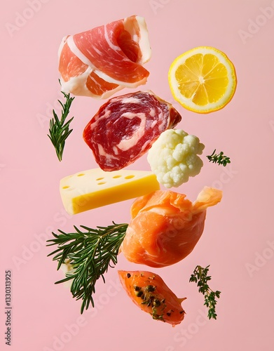 Wallpaper Mural Raw chicken breast, smoked salmon with vegetables, cheese and lemon on pink background. Torontodigital.ca