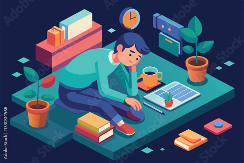 A young man sits on the floor, looking tired while surrounded by potted plants, books, and a cup of coffee, Tiredness Customizable Isometric Illustration