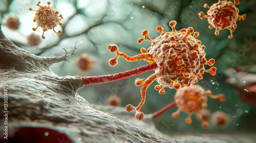 Futuristic depiction of interferon secretion with glowing immune cell interactions