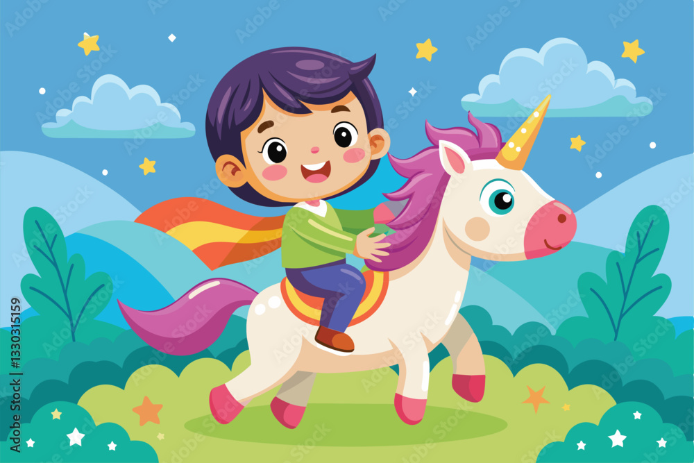 A cheerful toddler enjoys a magical ride on a unicorn under a vibrant sky, Toddler riding unicorn Customizable Cartoon Illustration A cheerful toddler enjoys a magical ride on a unicorn under a vibrant sky, Toddler riding unicorn Customizable Cartoon Illustration