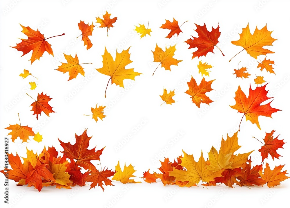 Autumn maple leaves falling and resting on white background Autumn maple leaves falling and resting on white background