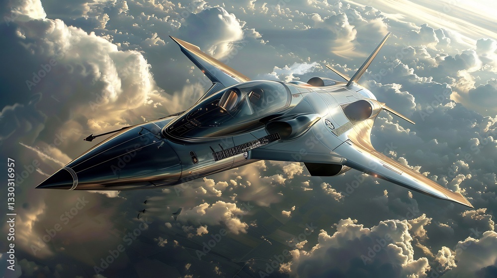 Obraz premium High speed interceptor jet inspired unmatched speed of peregrine falcon sharp angular design slicing through cloud metallic sheen of fuselage mimic falcon feather while advanced guidance system lock