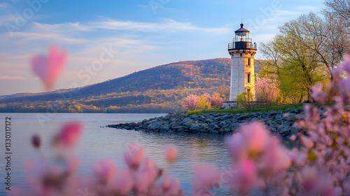 Captivating spring landscape of Tarrytown light on the Hudson River, showcasing the historic lighthouse surrounded by blooming nature in Sleepy Hollow, NY