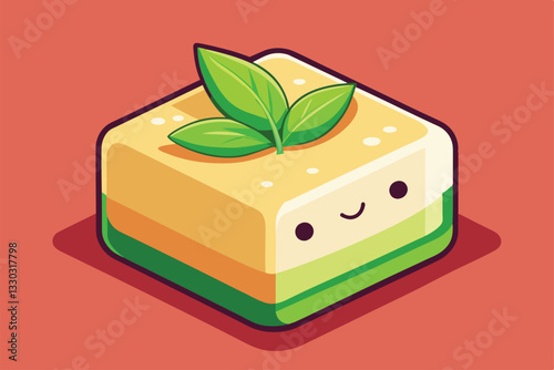 A playful, cartoon-style tofu character features layers and a happy expression with fresh green leaves, Tofu Customizable Disproportionate Illustration