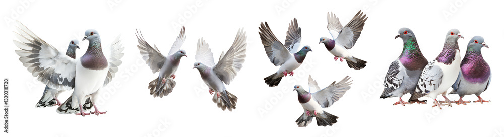 Fototapeta premium Colorful Pigeons in Various Flying and Perching Positions, PNG bundle collection, Isolated on Transparent Background