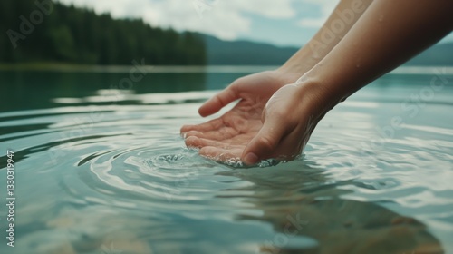 Hands gently cupping cold lake water under a clear sky in a serene natural setting surrounded by trees