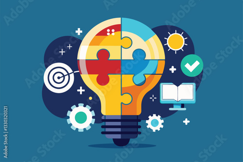 A group seeks creative business solutions by utilizing puzzle pieces as a collaborative tool, Together looking for business solutions, jigsaw bulb