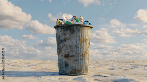 3D illustration of a sad trash can filled with garbage