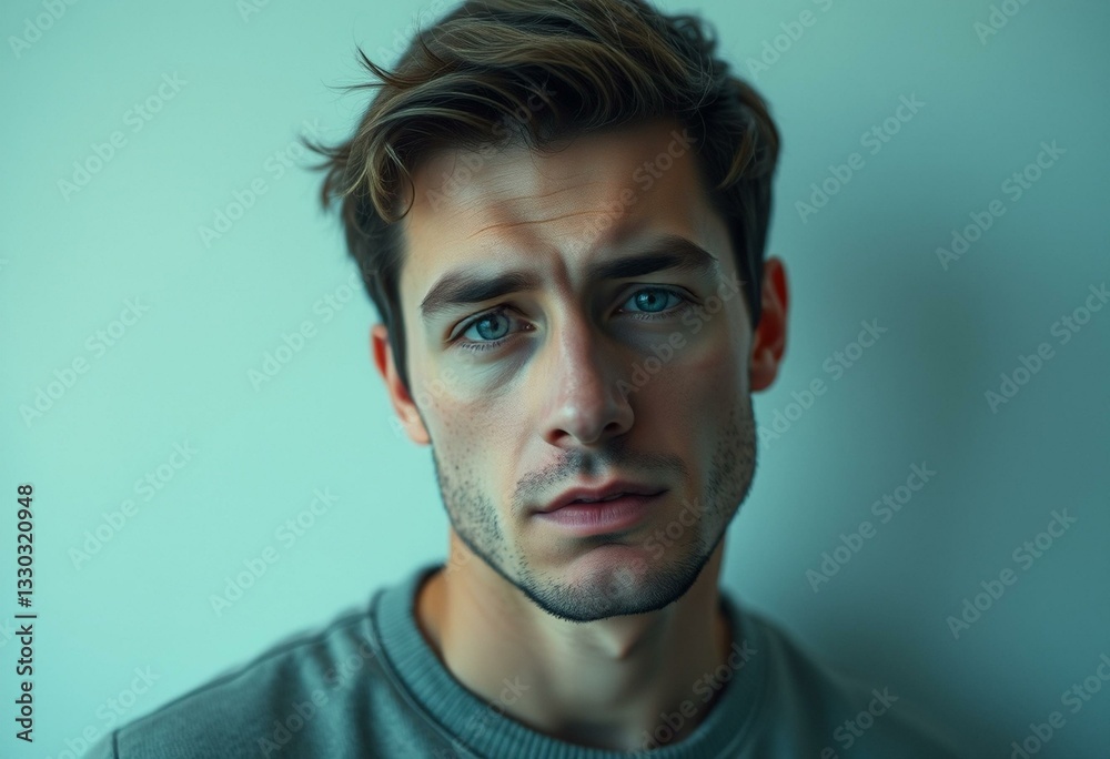 Obraz premium Male portrait with cold pastel background expressing negative emotions