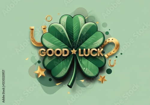 Green four-leaf clover with golden horseshoes, stars, and the text Good Luck on a light green background, symbolizing luck and fortune