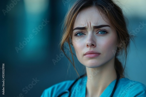 a female medical professional looking at the camera with a serious expression.