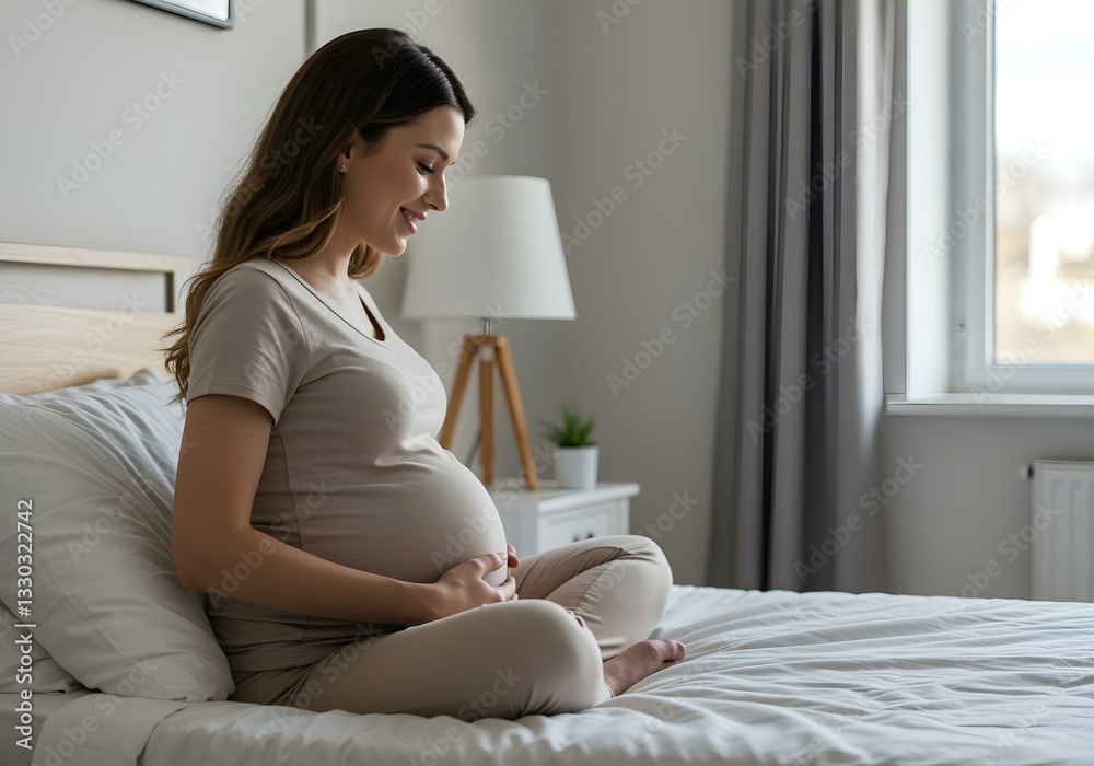 pregnant woman sitting on bed, pregnant woman sitting on sofa, pregnant woman in home bed, pregnant woman enjoying pregnancy, pregnant woman in happy mood, generated with ai