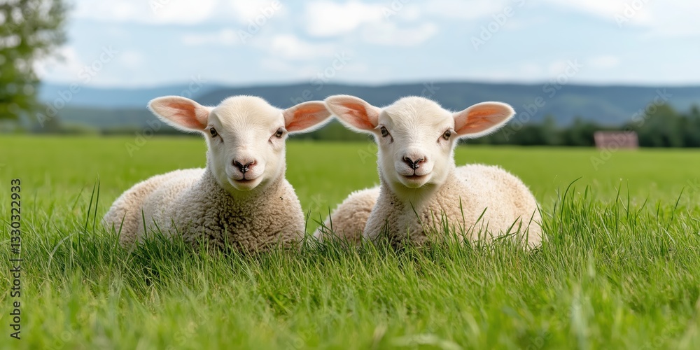 Obraz premium Two fluffy white sheep are resting on a lush green field. They are laying down and enjoying the warm sun on their backs. The grass is tall and green. The scene is peaceful and serene