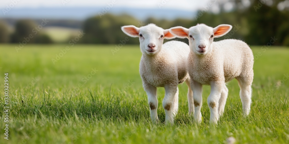 Two baby lambs standing in a grassy field. The grass is green and lush. The lambs are looking at the camera Two baby lambs standing in a grassy field. The grass is green and lush. The lambs are looking at the camera