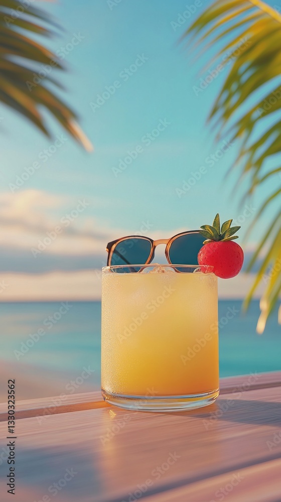 Refreshing tropical drink with sunglasses on a beachside table during sunset