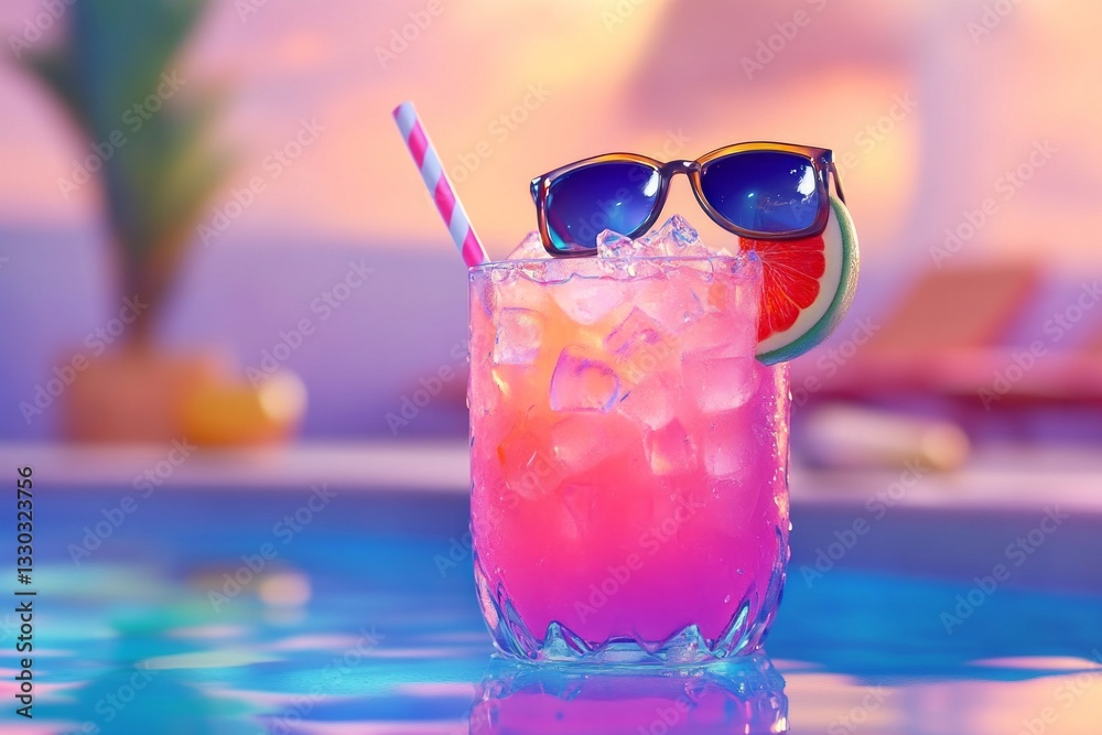 Bright summer cocktail garnished with sunglasses and a slice of fruit by the pool during sunset