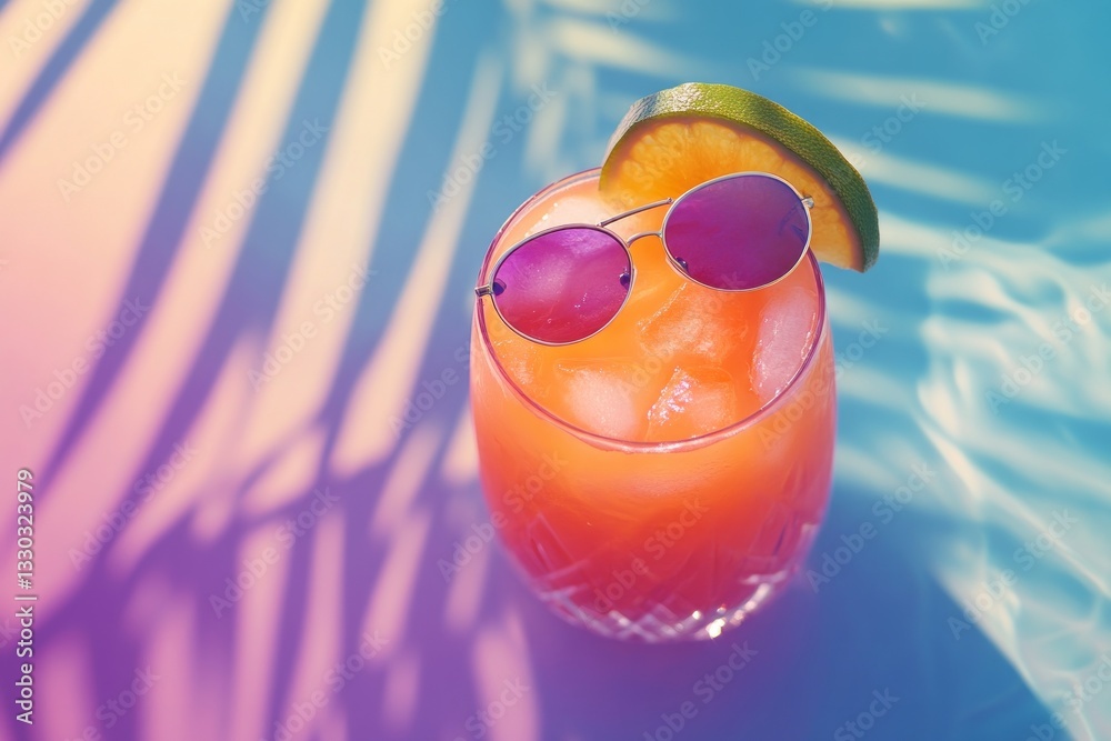 Colorful tropical cocktail garnished with lime and pineapple rests beside pool water on a sunny summer day