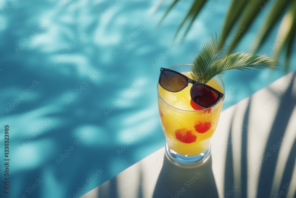 Refreshing tropical drink with sunglasses by the poolside in bright, sunny weather